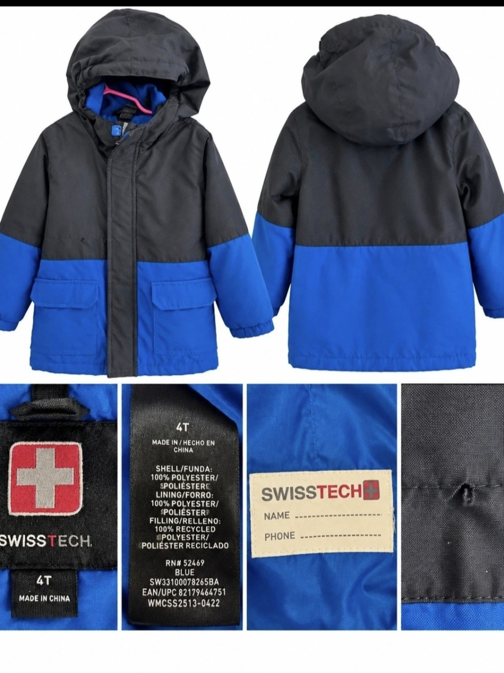 Swiss Tech Kids Hooded Colorblock Raincoat - Black & Blue